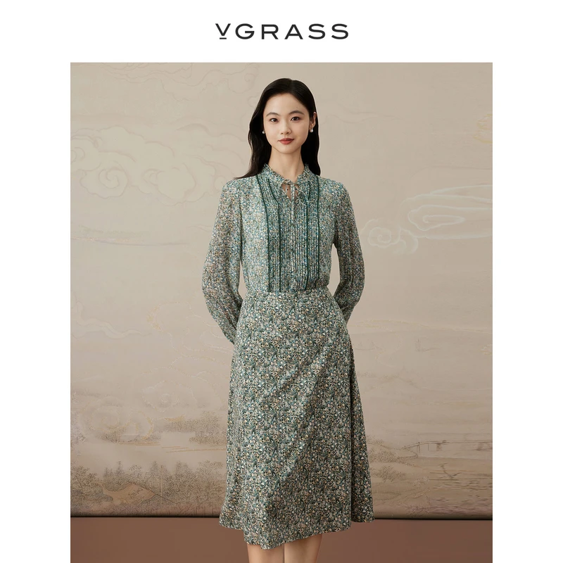 VGRASS维格娜丝【雅丹风】新中式真丝衬衫塔克褶工艺VSX3O10740