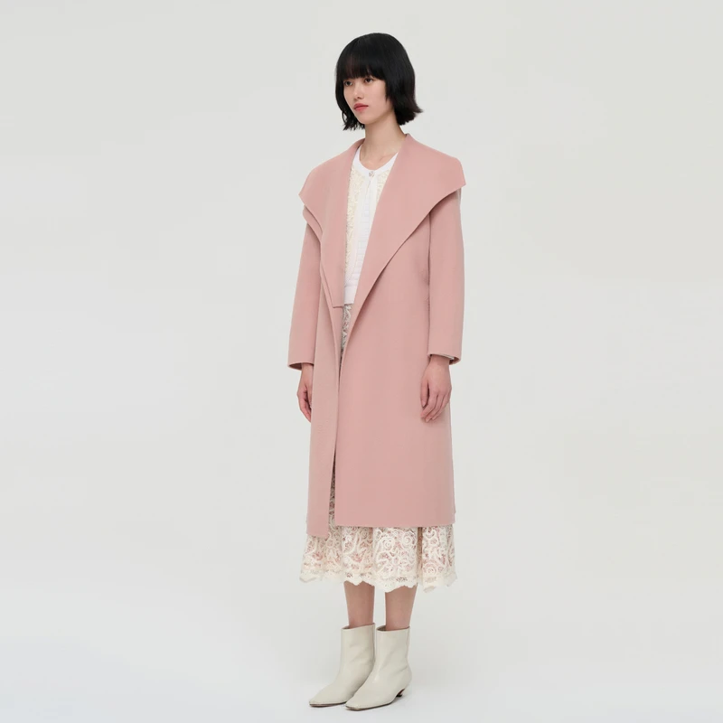 VGRASS粉色翻领气质时尚双层领浴袍式毛呢外套女冬新款毛呢大衣