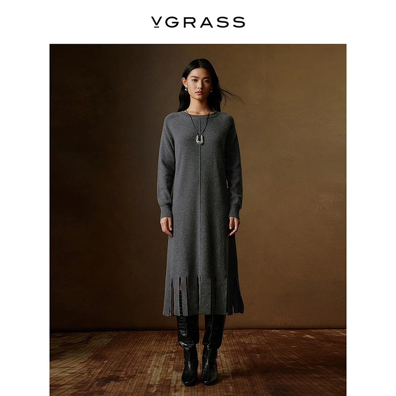 【妍妍专享】VGRASS冬新款中长款动感分割下摆针织连衣裙DZL5O4Y750
