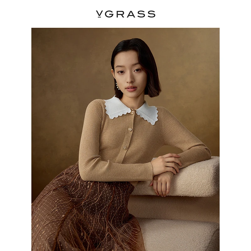 【妍妍专享】VGRASS24冬新款羊毛混纺撞色荷叶边领针织衫DZZ4P4191Z