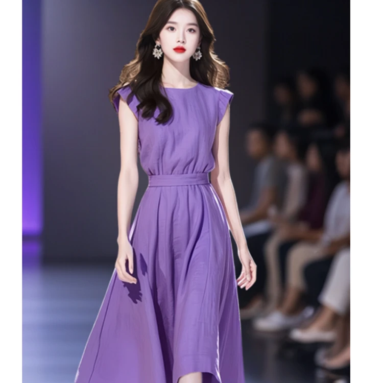 夏季新款气质高冷女神收腰超好看长裙女清新艺术紫色轻熟风连衣裙
