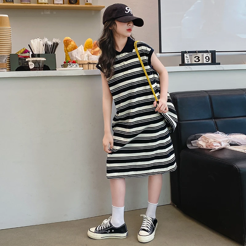 女童夏季连衣裙洋气中大童长裙韩版儿童长款T恤短袖夏装条纹裙子