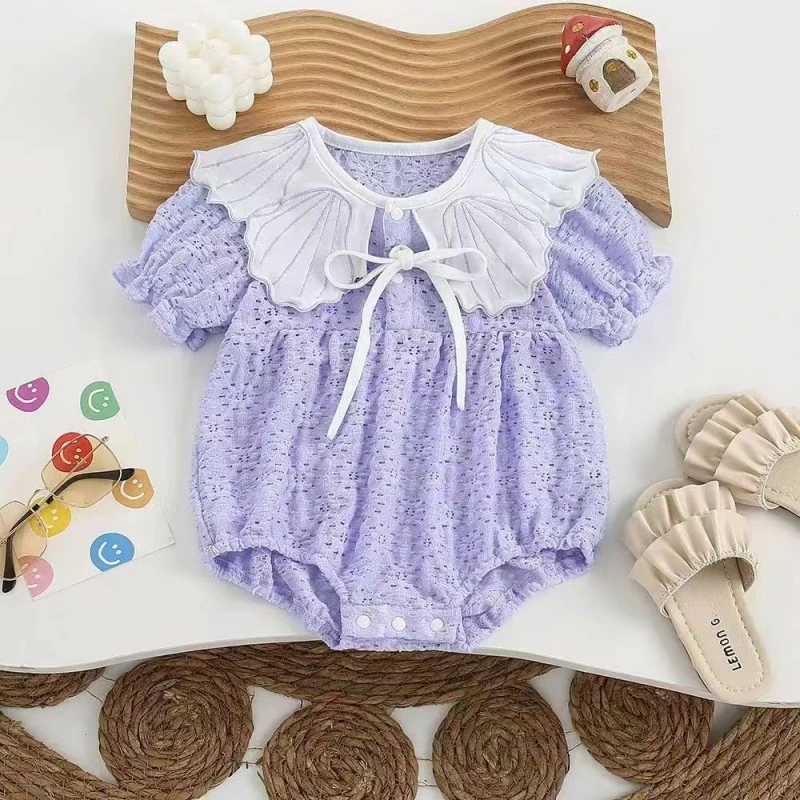 拼夏款宝宝衣服新款紫罗兰贝壳领女宝宝薄款夏天镂空半袖包屁衣