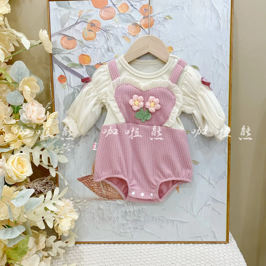 婴儿衣服秋装新生儿女宝宝连体衣公主紫色坑条爱心花朵满月百天哈