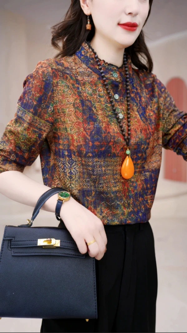 2024秋冬新款雁字回时古典立领小衫套头衬衫瘦长袖上衣女保暖打底