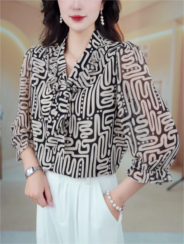 FZ160风华流沙设计感飘带V领2024新款衬衫小衫质感七分袖上衣-4