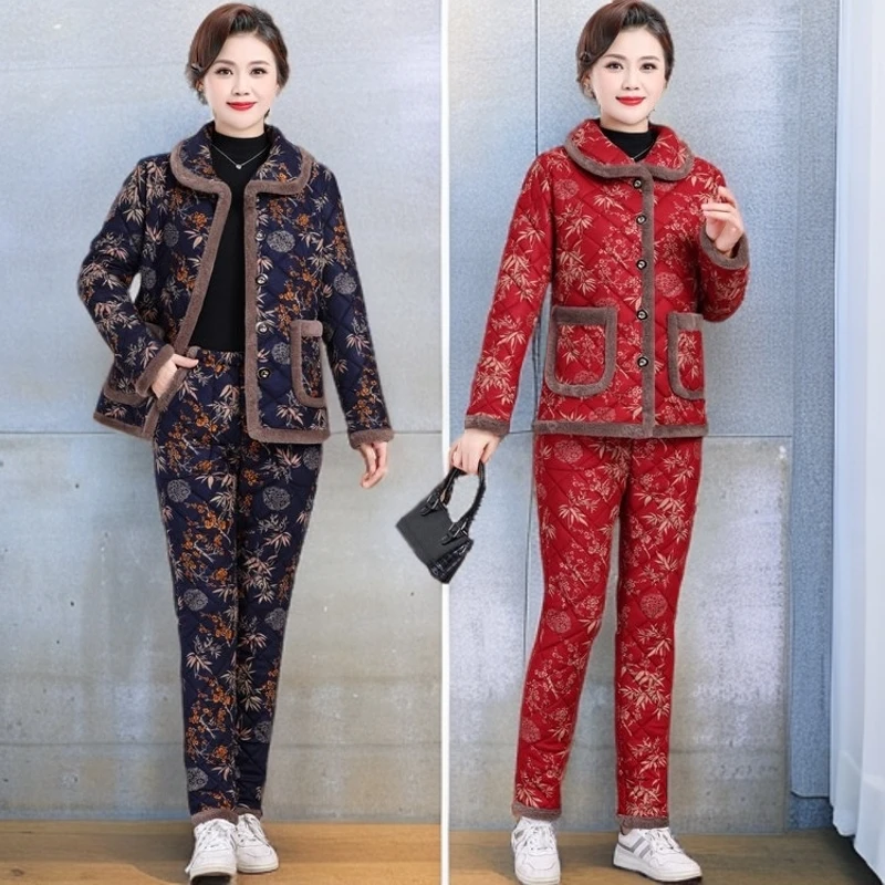 中老年女装冬季加绒套装棉衣洋气舒适保暖花棉袄妈妈装加厚两件套