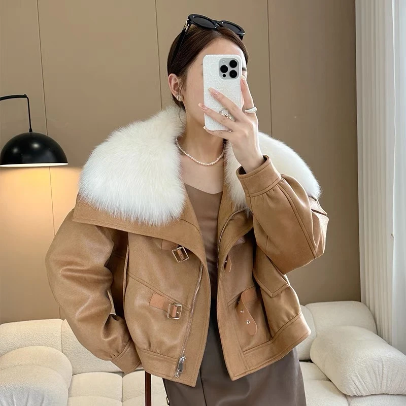 海宁2024冬新款机车夹克狐狸毛皮草外套女皮毛一体鹅绒服派克高端