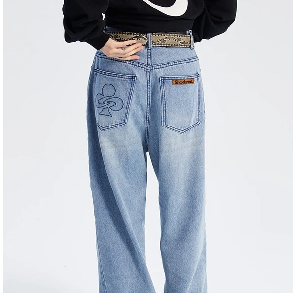 国潮高街阔腿直筒水洗牛仔裤拖地裤休闲百搭宽松春秋