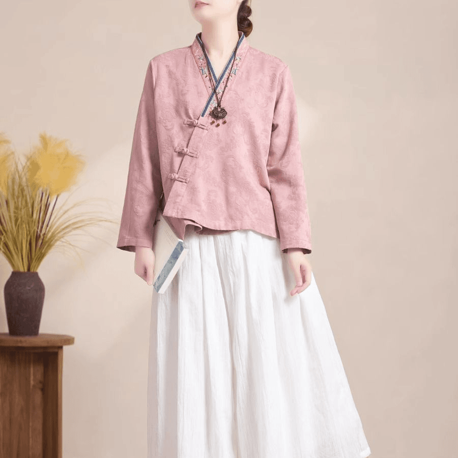 中式国风斜襟盘扣刺绣棉麻衬衫女春夏改良汉服提花小衫茶服上衣潮