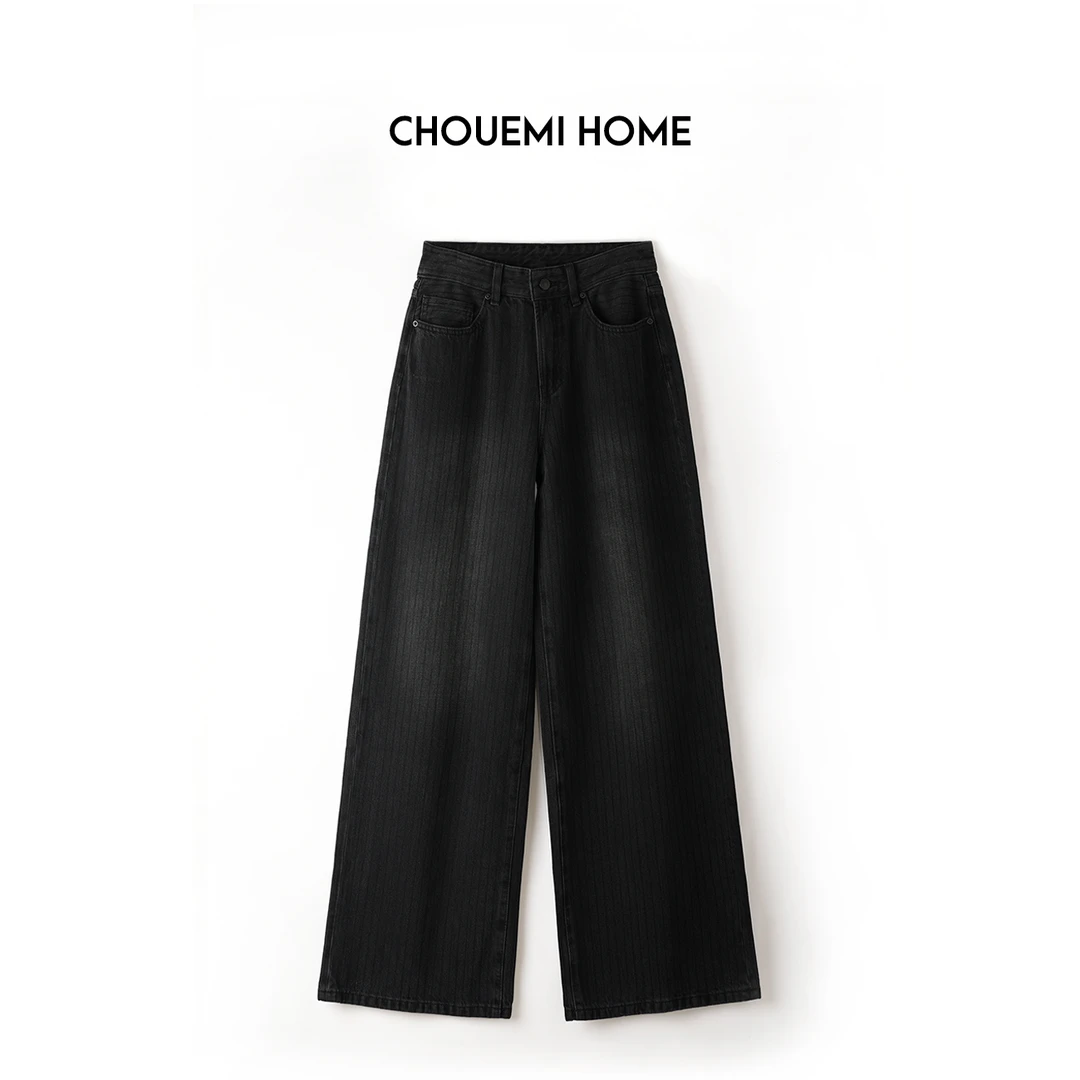Choumei Home秋冬复古条纹黑牛 高腰显瘦直筒阔腿裤