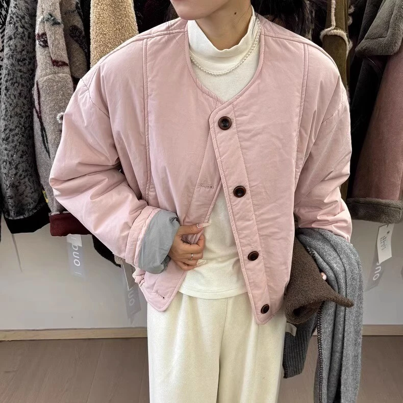 韩系圆领单排扣拼色棉服外套女欧洲站2024秋冬新款时尚简约棉衣潮