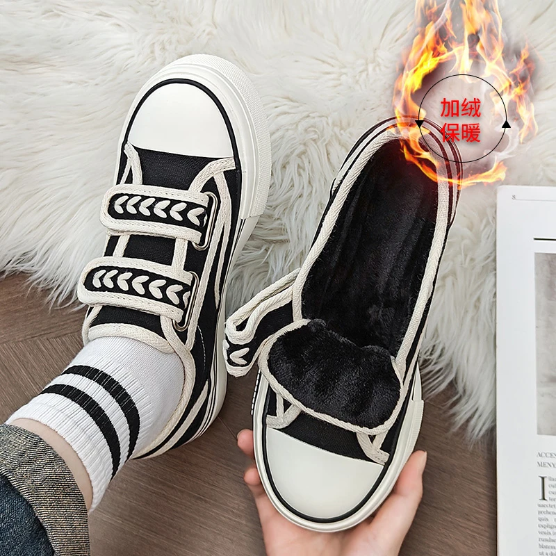 2025冬季加绒魔术贴帆布鞋女低帮保暖休闲鞋新款百搭学生二棉板鞋