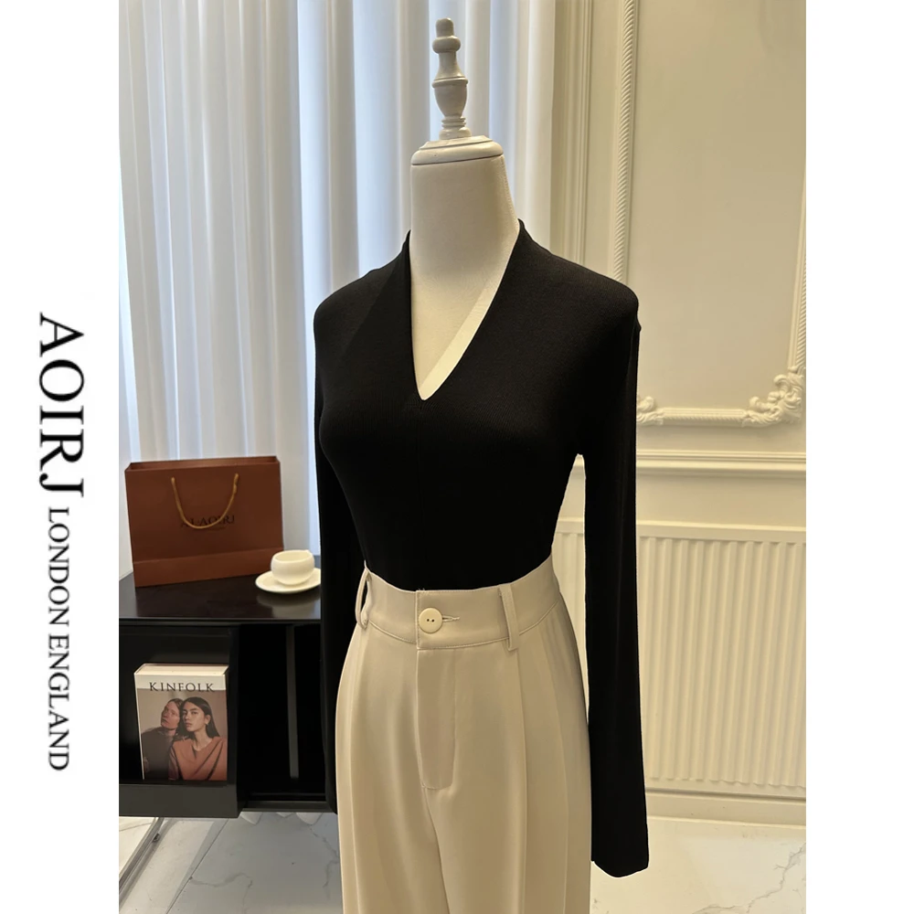 AOIRJ【金妮儿专属】气质修身春季显瘦双层V领显瘦打底衫长袖T恤女