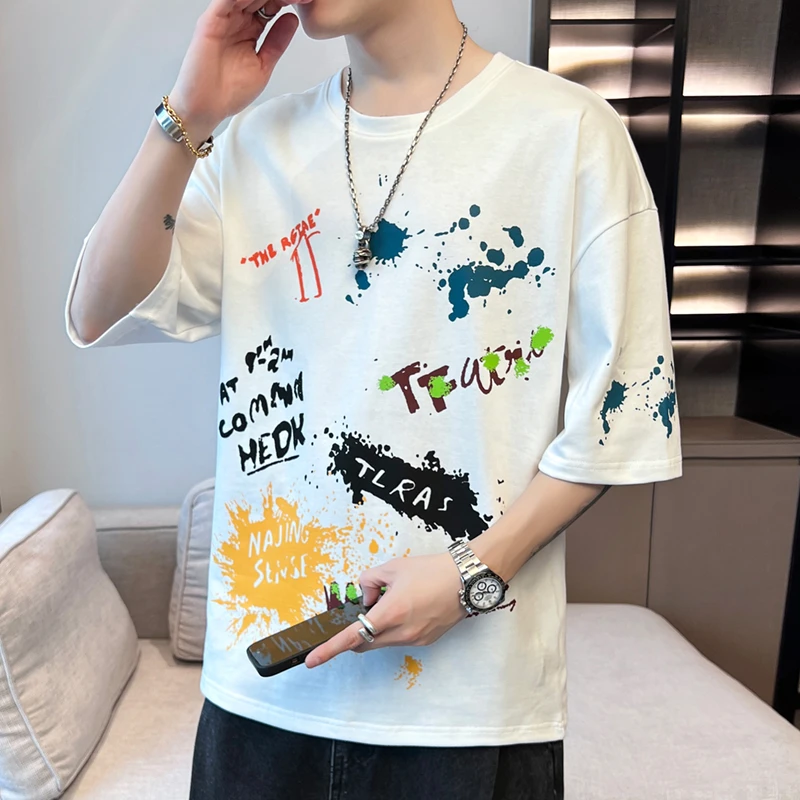 夏季男潮流宽松服潮牌学生短袖T恤男士上衣圆领花印花半袖T恤休闲
