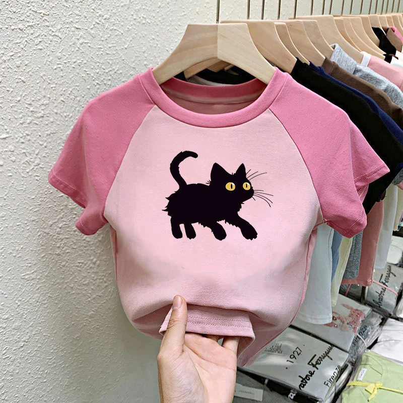 夏季新款t恤女童女宝宝插肩袖上衣可爱猫咪短袖体恤潮