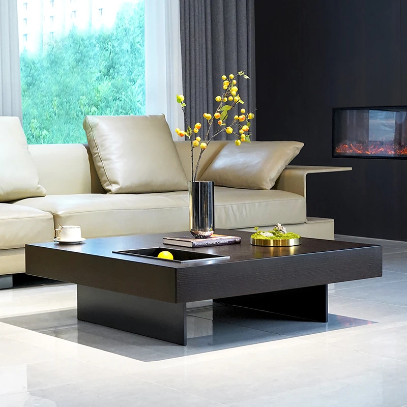 意式轻奢茶几现代简约别墅烟熏木色嵌入式托盘客厅方形极简茶几