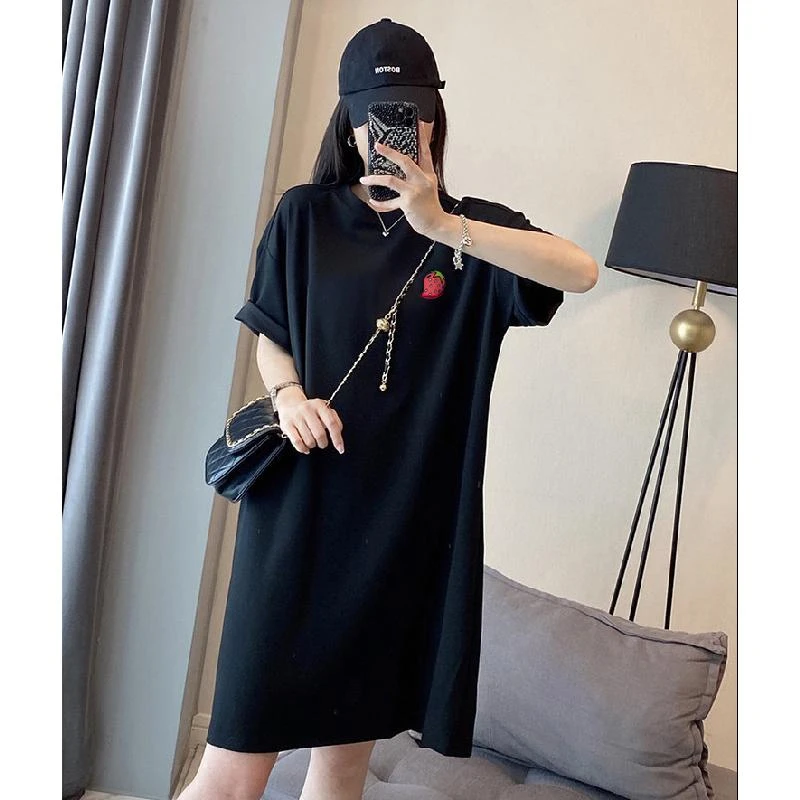 圆领中长款纯棉印花短袖连衣裙2023春夏季装新款套头宽松T恤裙子