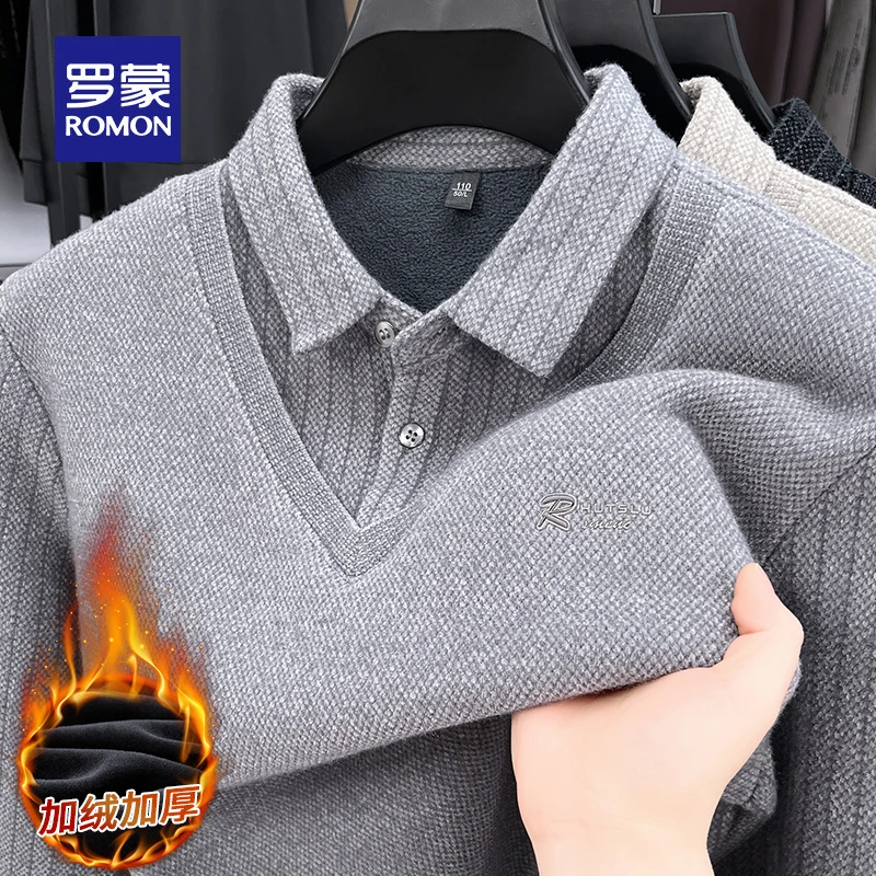 罗蒙冬季新款男士加绒加厚假两件翻领针织衫休闲百搭气质保暖打底