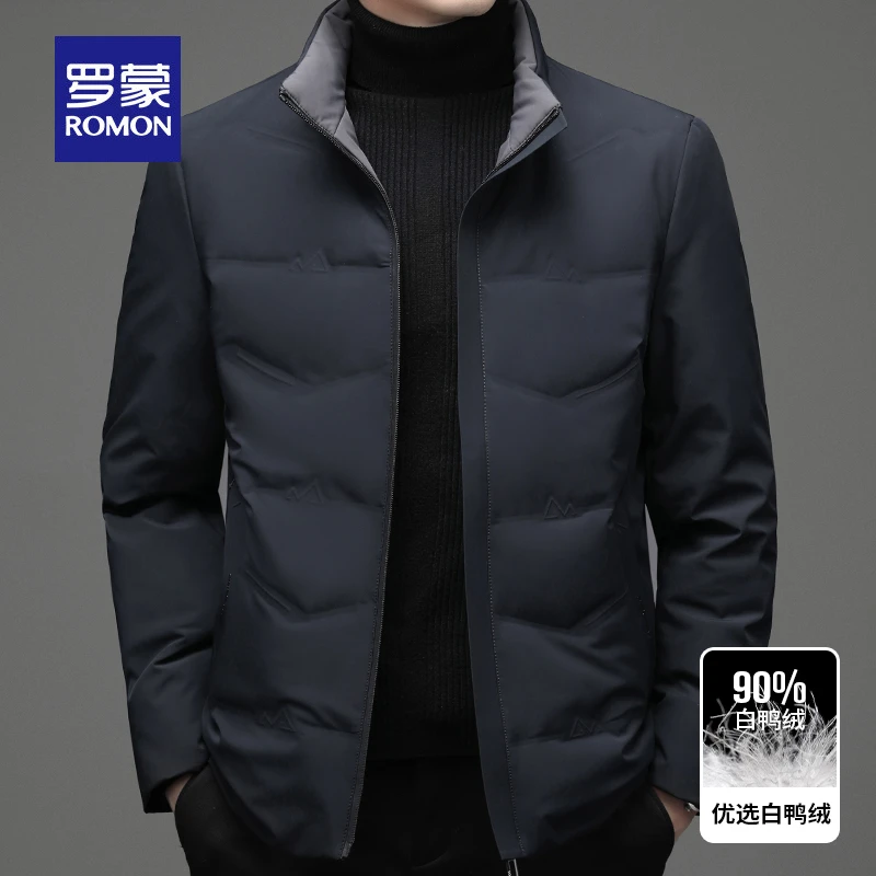 罗蒙冬季男士新款羽绒服休闲纯色短款立领商务白鸭绒轻薄保暖外套