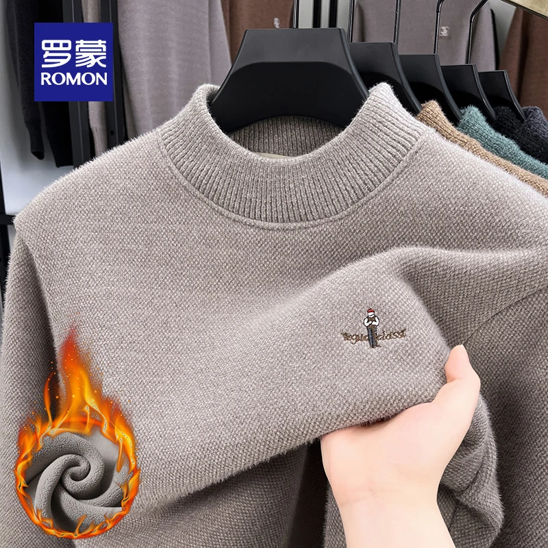 罗蒙加绒加厚毛衣男士秋冬季新款圆领刺绣针织打底衫休闲套头毛衣