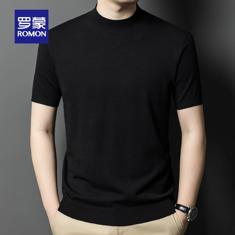 罗蒙男士毛衣半高领春秋季新款短袖针织衫男含羊毛纯色打底衫潮流