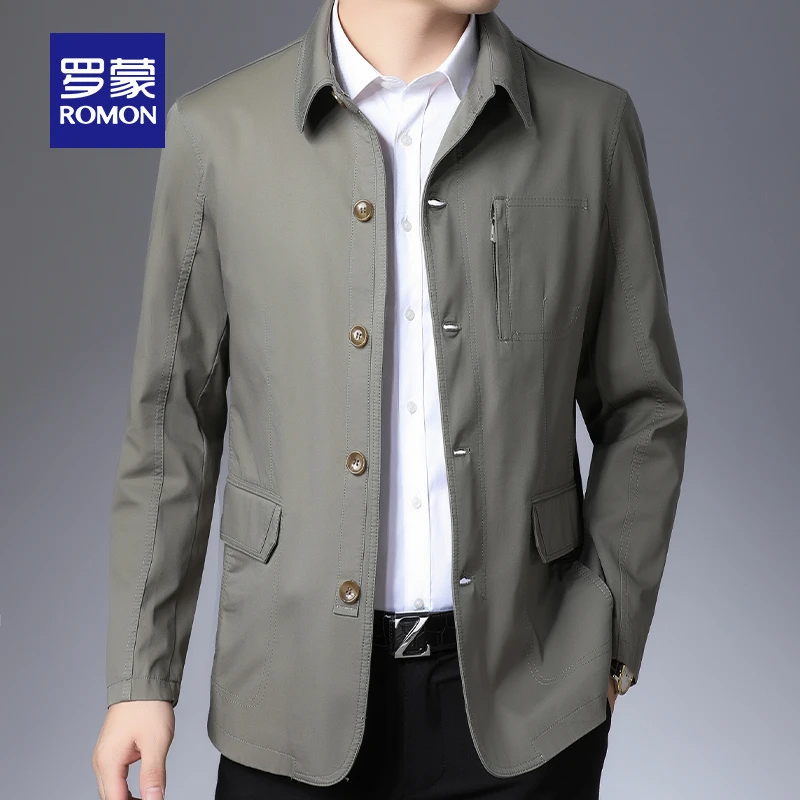 罗蒙全棉夹克男春秋季短款风衣男士商务休闲中年爸爸纯棉外套上衣