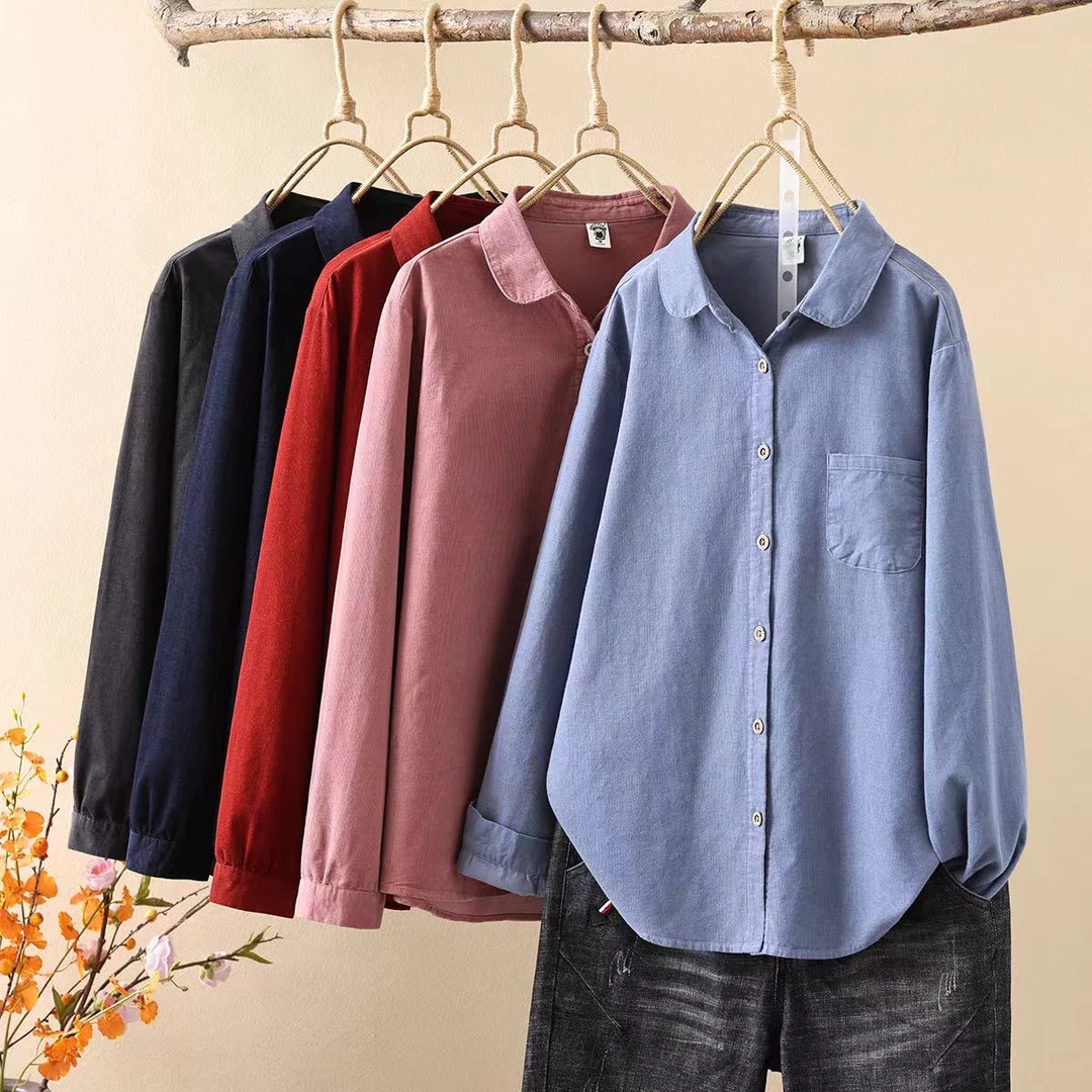 85132新款衬衫女款纯棉灯芯绒加厚复古木扣文艺衬衣