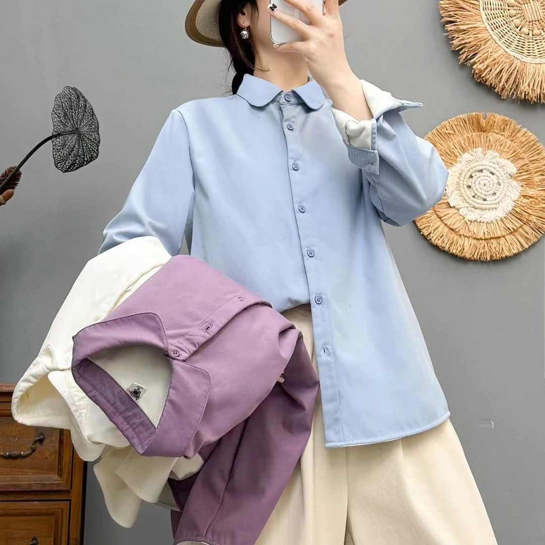 85181新款加绒衬衫女款圆领磨毛加绒加厚保暖衬衣