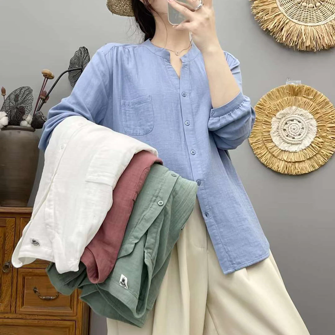 8573秋季新款衬衫女款纯棉双纱V领长袖衬衣