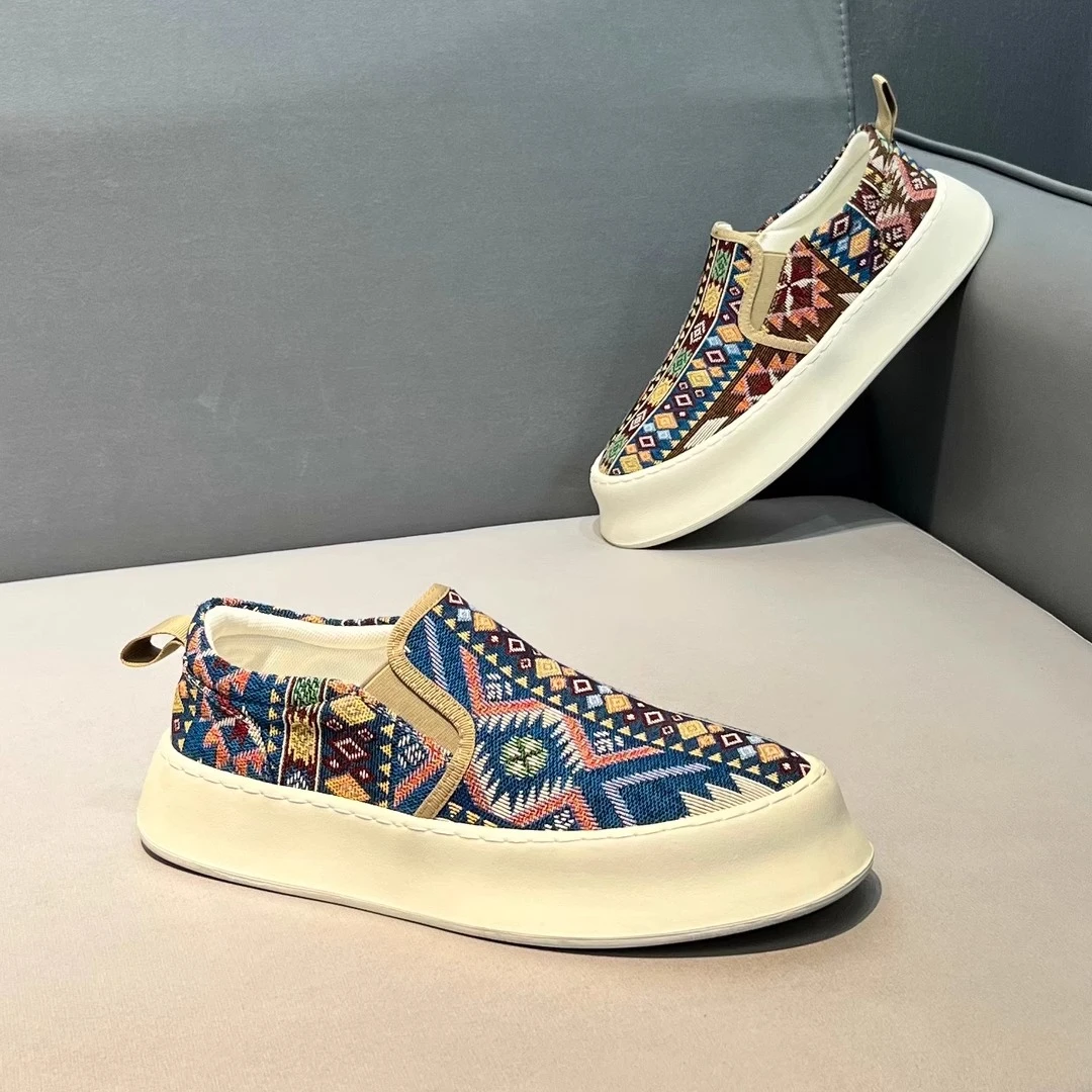 时尚休闲鞋男士百搭夏季透气潮流潮鞋厚底印花轻奢春夏纯手工低帮