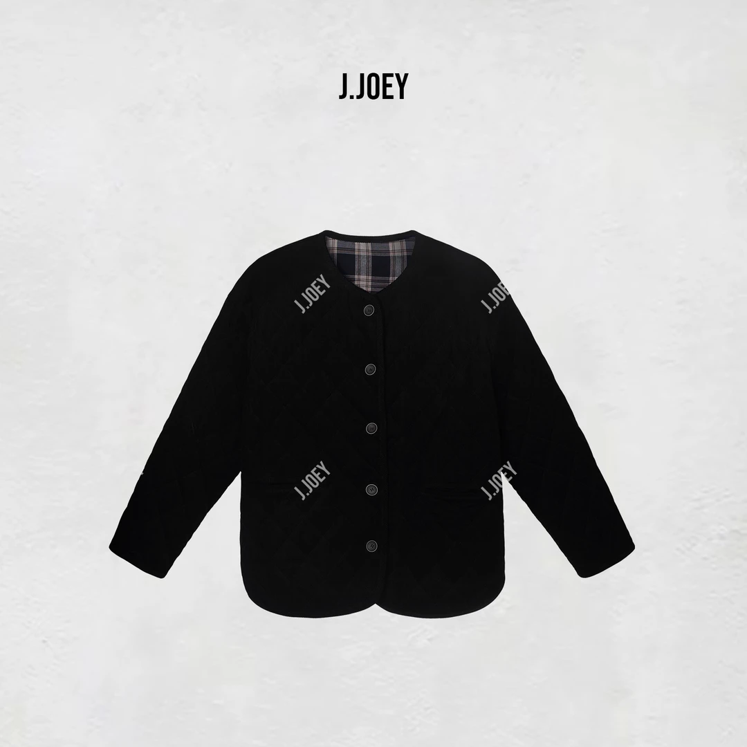 J.JOEY "100棉“棉服黑色菱形格经典百搭高级口袋棉服外套 0665