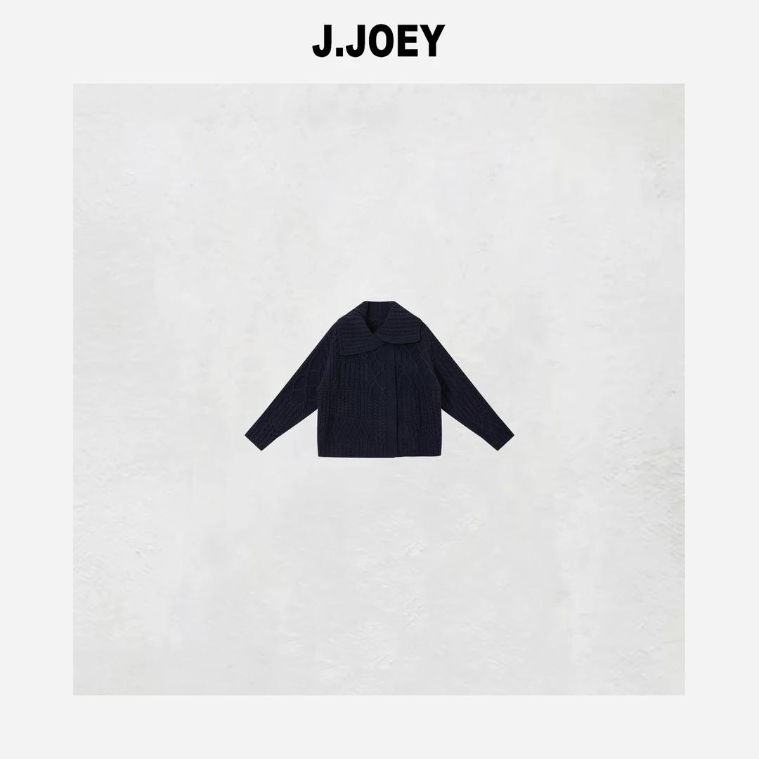 J.JOEY 大翻领100羊毛复古藏青色针织衫慵懒风毛衣开衫外套 0604