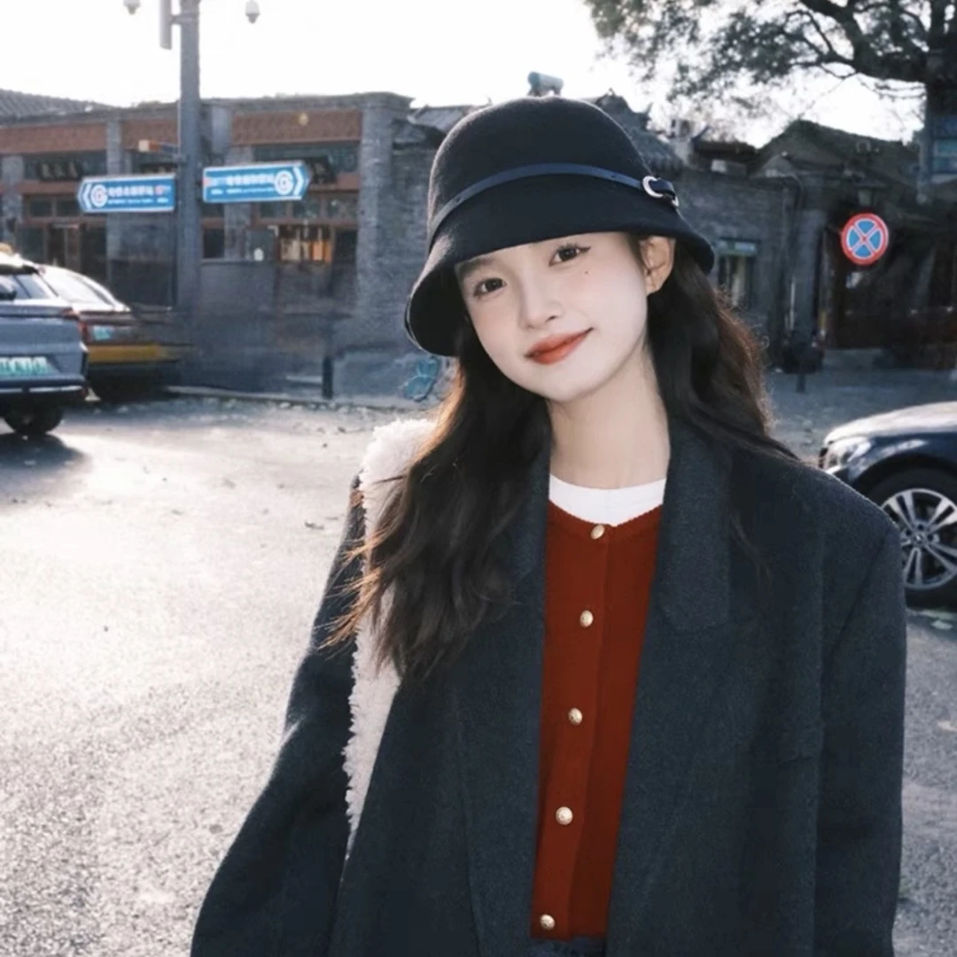皮带扣千金羊毛帽子女秋冬季时尚简约复古气质日系小檐显脸小盆帽