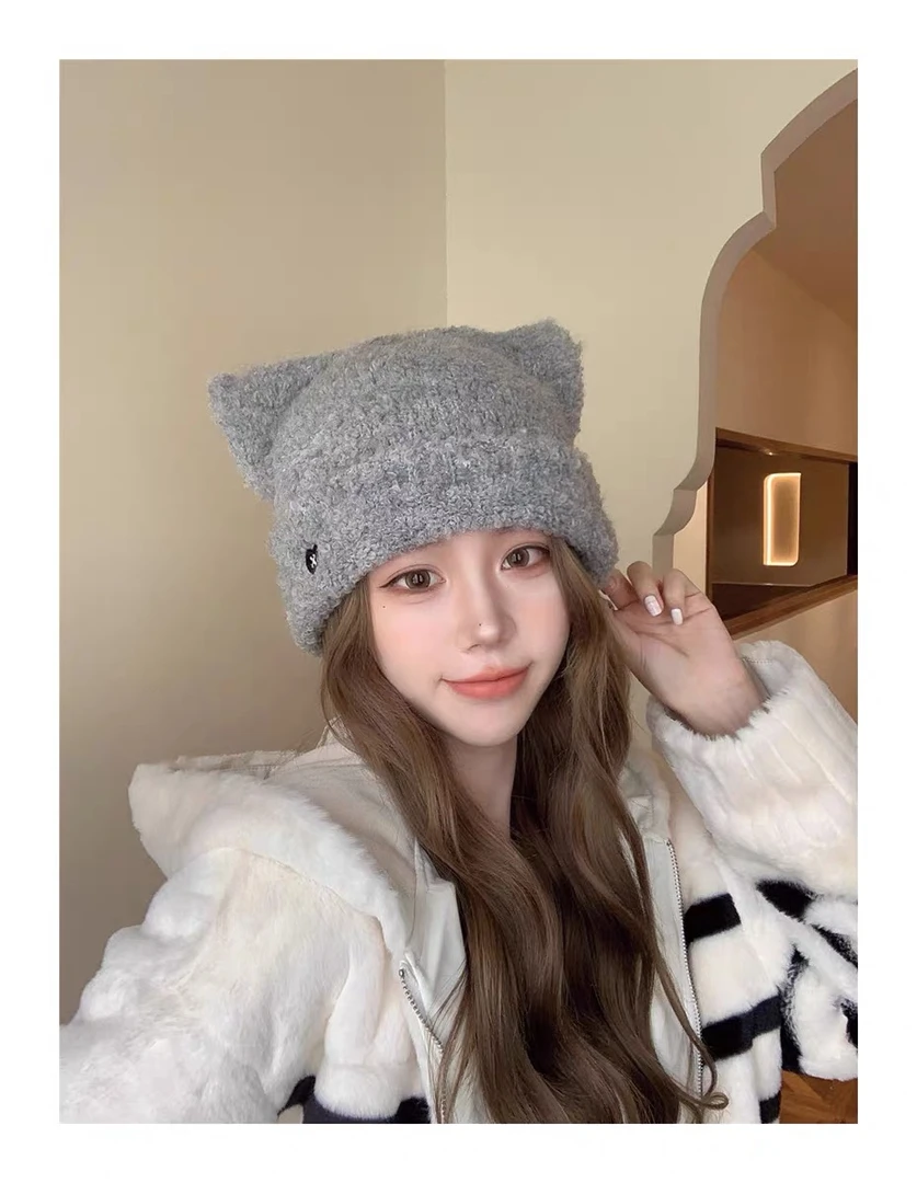 【猫耳朵】秋冬季帽子女韩版立体猫耳朵针织帽保暖套头帽百搭毛线帽