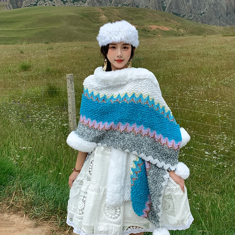 民族风斗篷毛领云南披肩气质女围巾新疆西藏旅游毛毛保暖外搭披风
