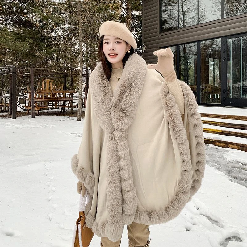 女神气质大毛领斗篷披肩秋冬季中长款外套女百搭保暖两用毛毛披风