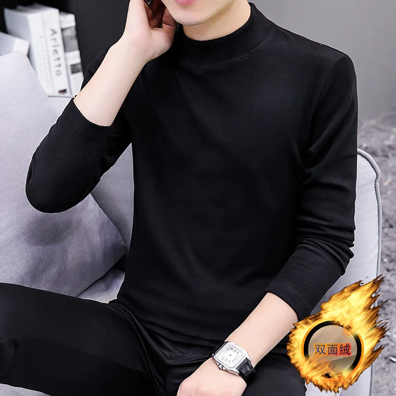 2024新款男士双面德绒卫衣男半高领套头打底衫纯色保暖百搭卫衣