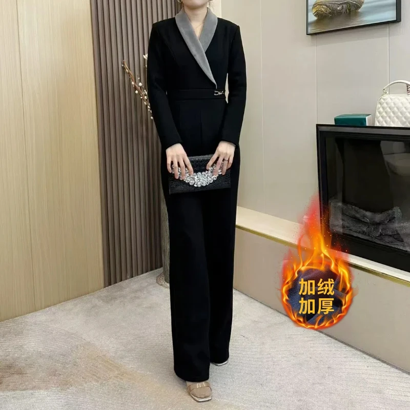 加绒加厚网红新款时尚高端显瘦轻奢撞色西服领高腰气质连体裤女