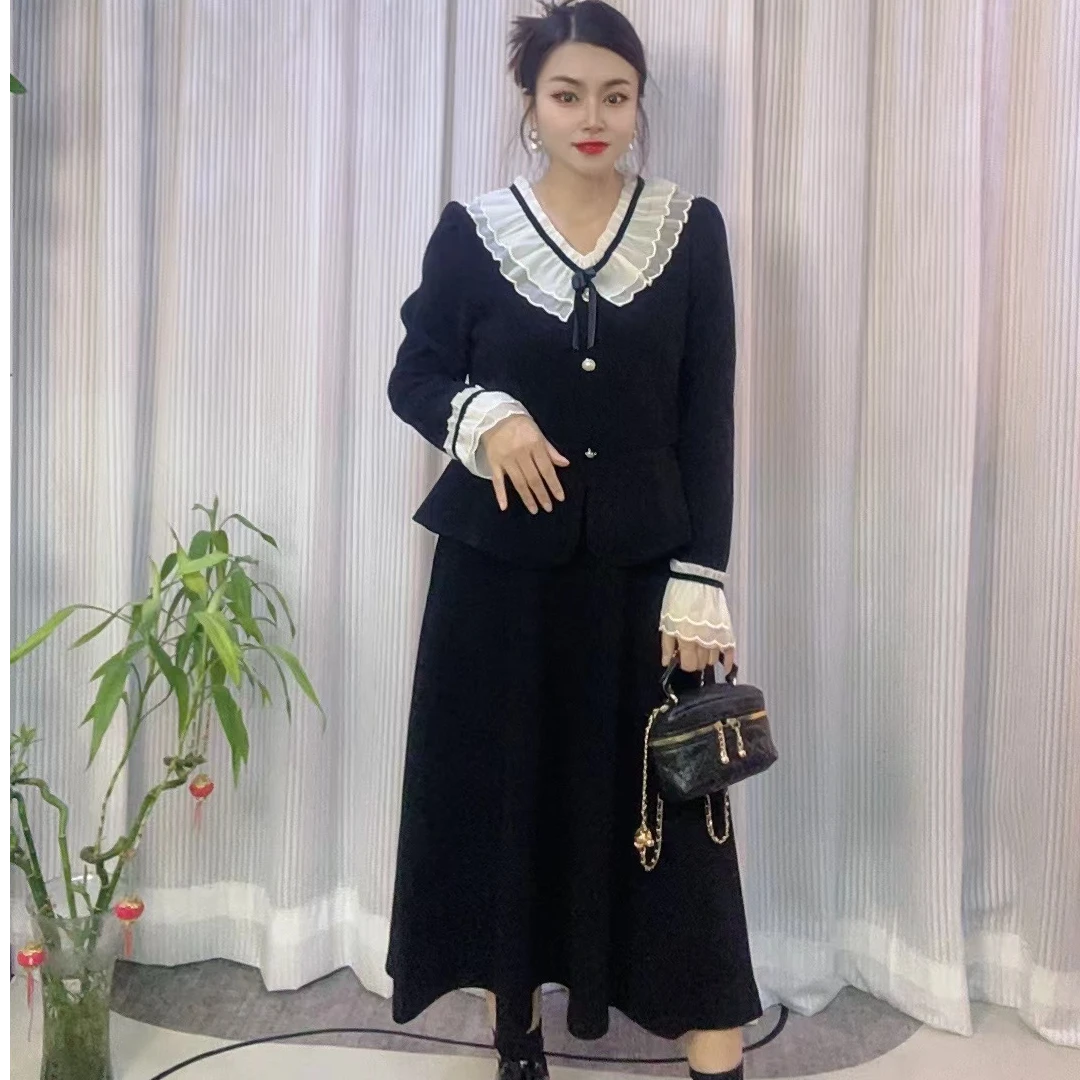 花边娃娃领小香风套装高档名媛时尚长款雪尼尔分体两件套裙