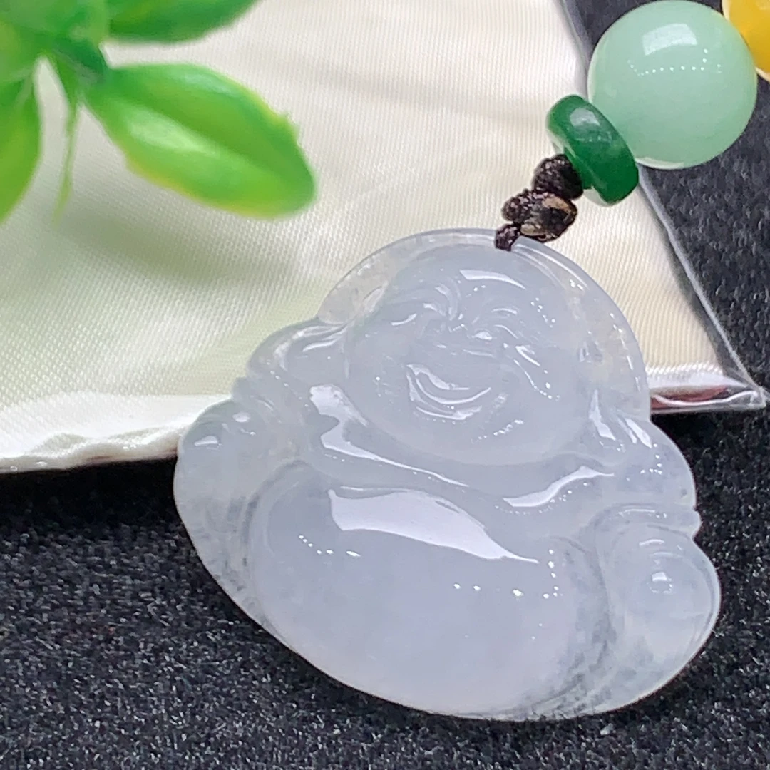 天然缅甸翡翠A货冰种种水弥勒佛佛公吊坠挂件气质挂坠白色高冰