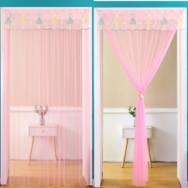 夏季防蚊蝇纱门帘免打孔蕾丝卧室隔断帘加密布艺魔术贴门帘蕾丝帘