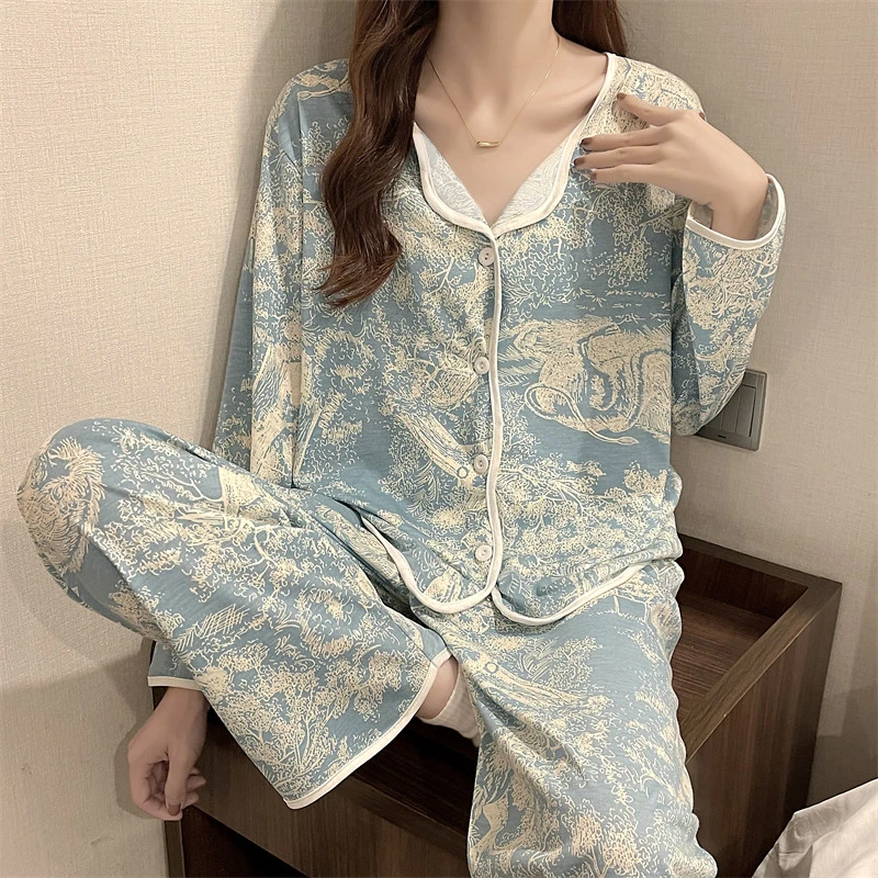 2022年新款女睡衣长袖春秋季清新可外穿薄款大码家居服套装606