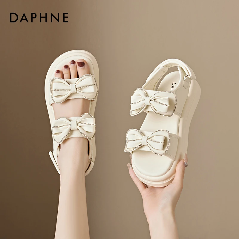 达芙妮厚底凉鞋女夏季外穿2024新款蝴蝶结沙滩鞋一字带运动罗马鞋