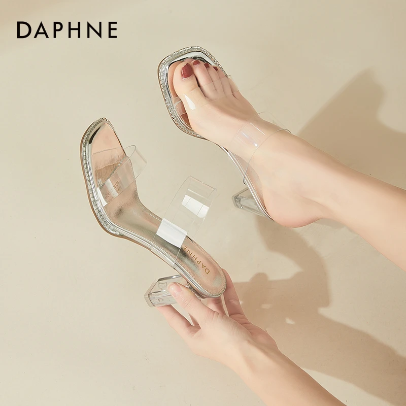 达芙妮仙女风高跟拖鞋女2025夏季新款时尚气质外穿透明粗跟凉拖鞋