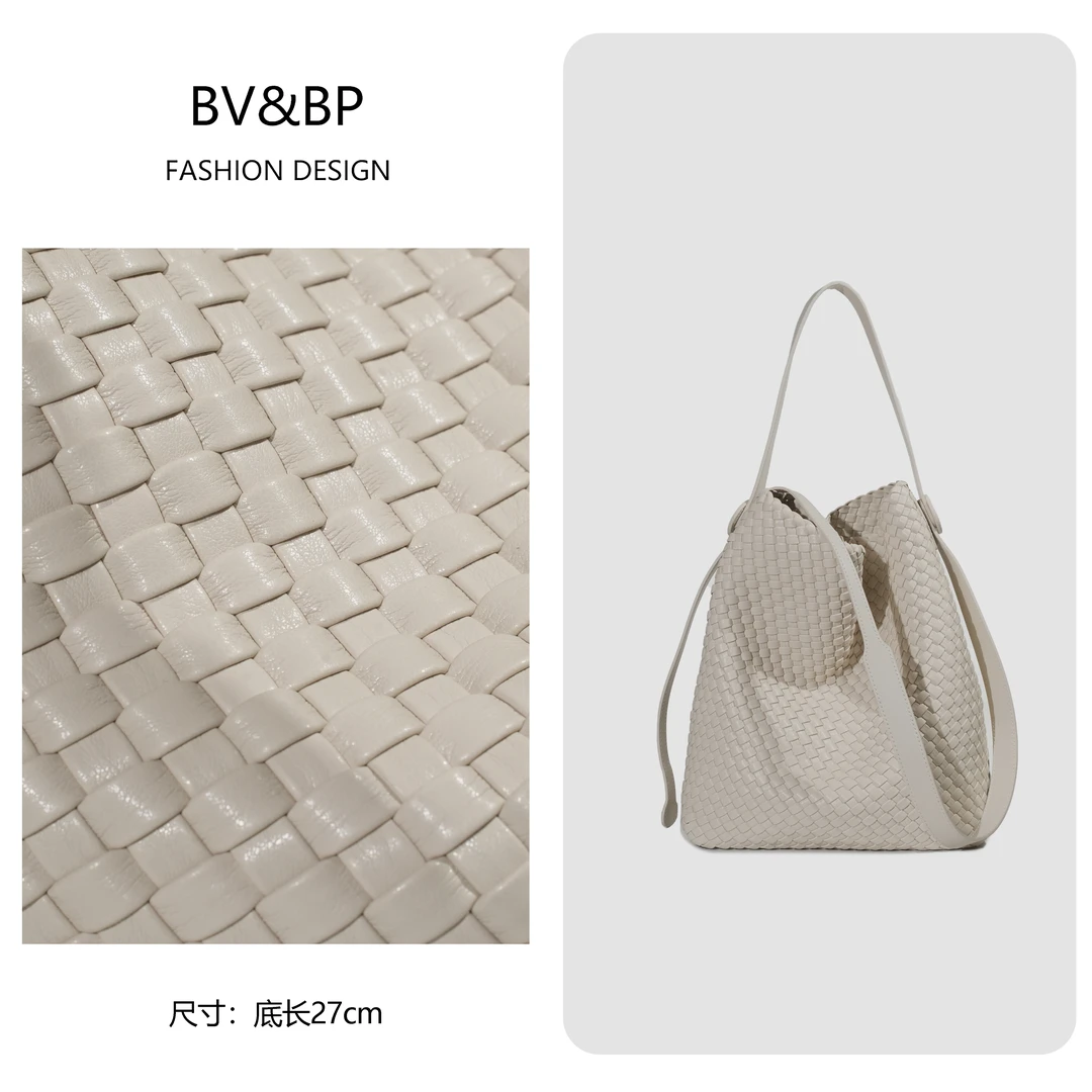新款慵懒编织水桶休闲百搭单肩斜挎女包BV6942-椰奶色