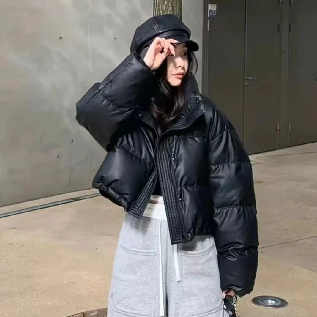 免洗pu皮短款2023年羽绒服白鸭绒立领纯色冬季保暖女装外套女宽松