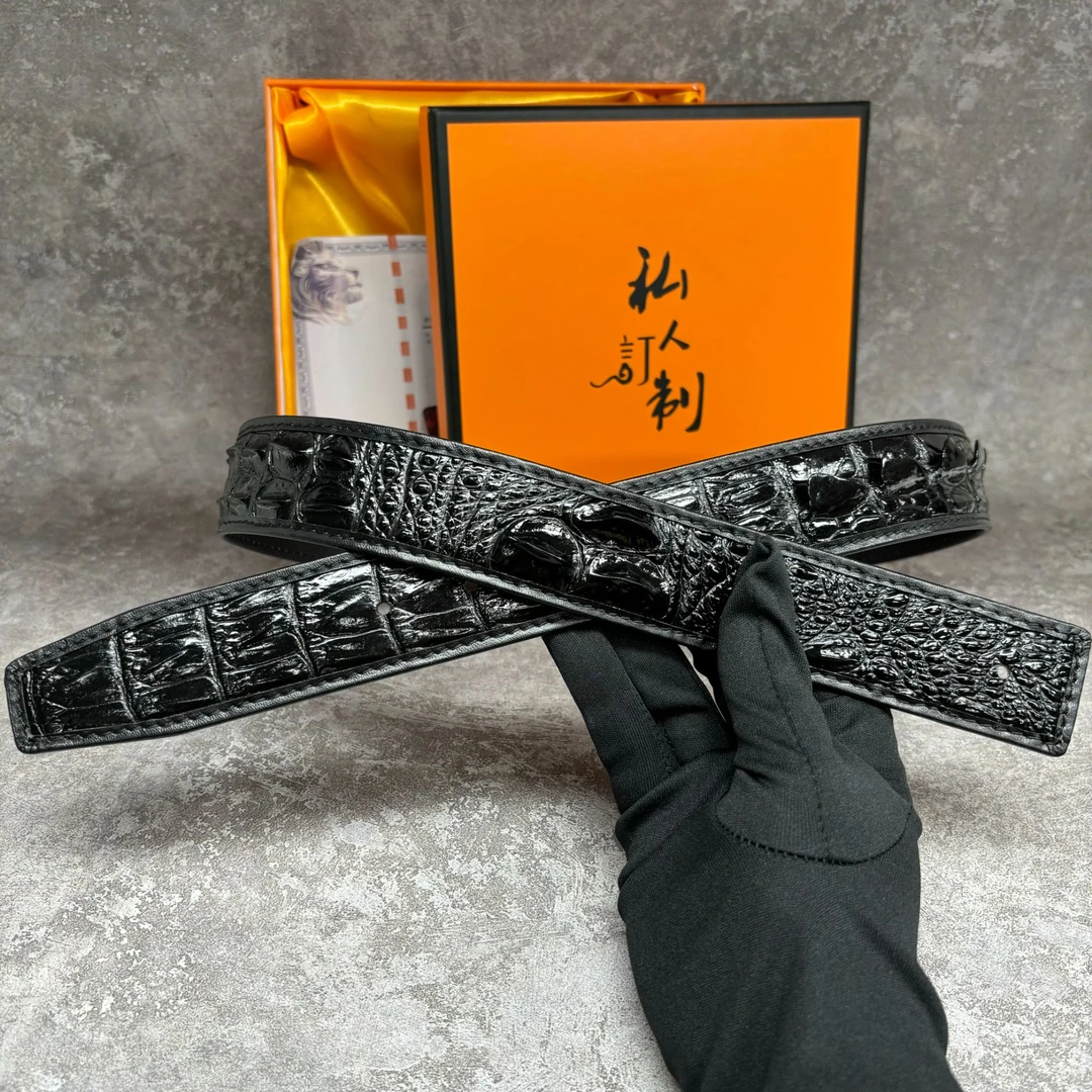 3.8宽打孔鳄鱼皮腰带无拼接鳄鱼皮带