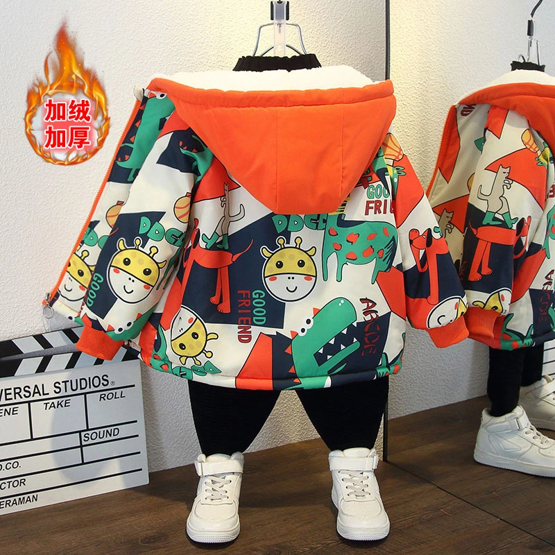 男童加绒外套2025新款儿童中大童加绒加厚棉服棉衣女孩洋气中长款