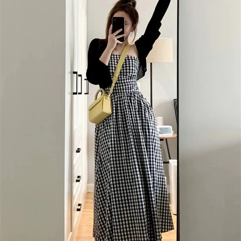 AYILN黑白格子抹胸连衣裙女2023夏新款不规则裹胸大码胖妹妹长裙